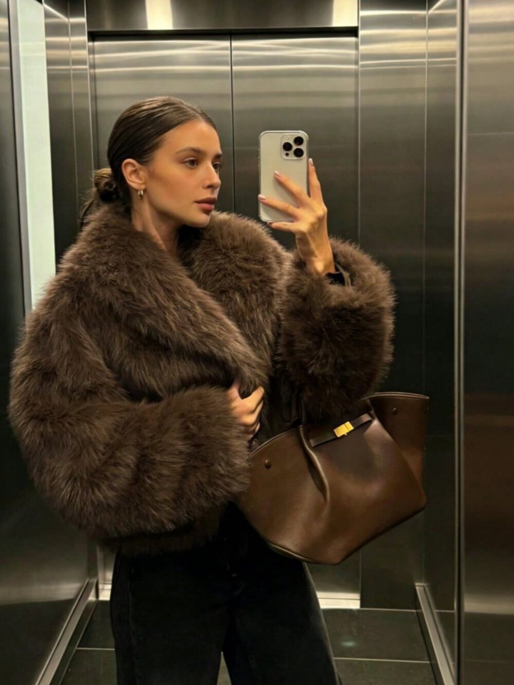 Brown Casual Women's Faux Fur Collar Short Jacket